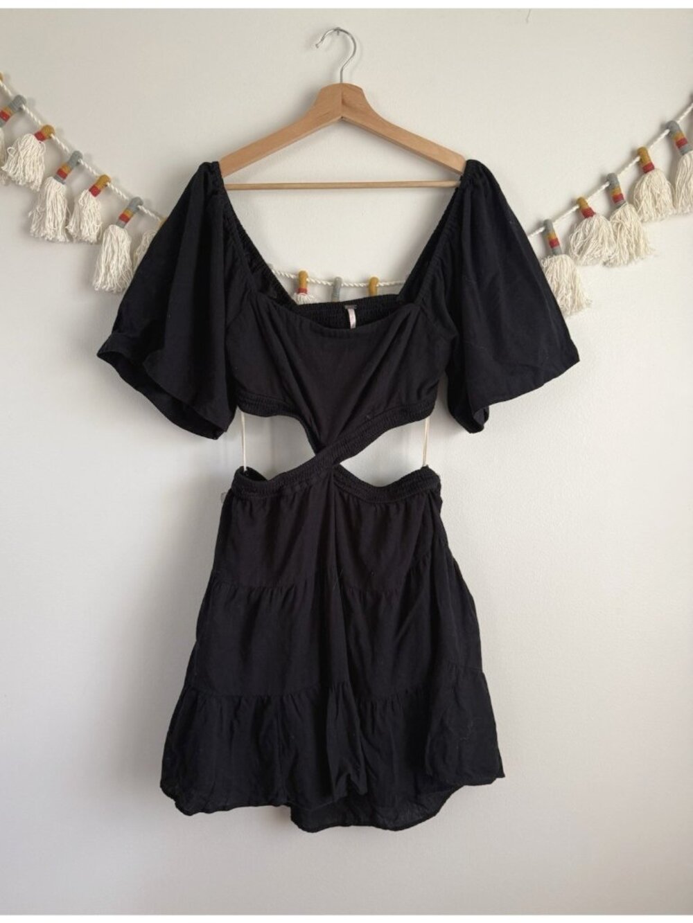 Free People Cross Of Sunlight Cut Out Mini Dress Linen Blend Boho Beach Coquette